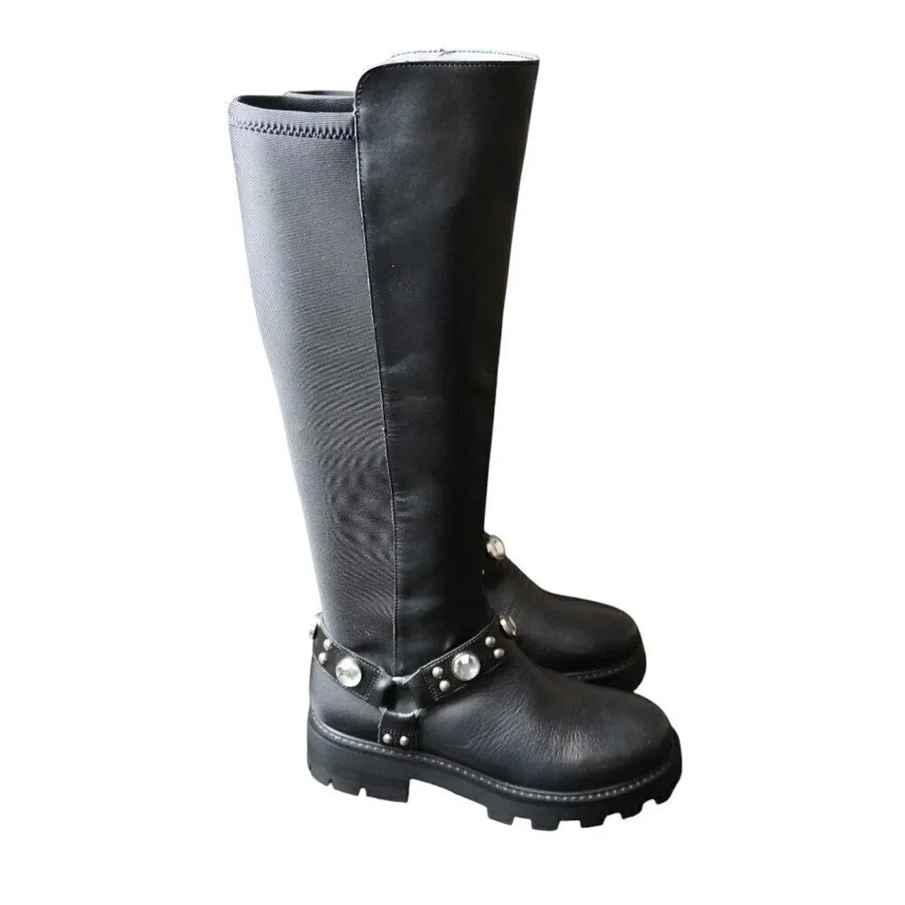 Karl Lagerfeld Milla Rhinestone Embellished Tall Leather Riding Boots